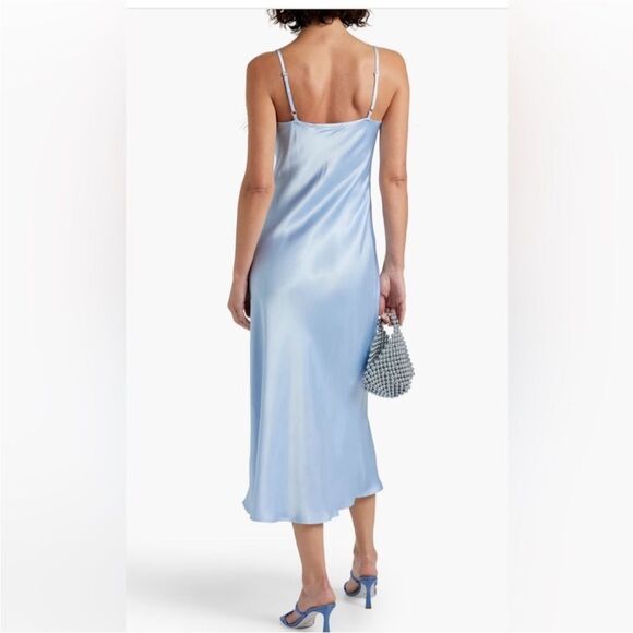 NWT SLEEPER Boheme Feather-trimmed Midi Slip Dress in Ecovero Blue M - Picture 4 of 11